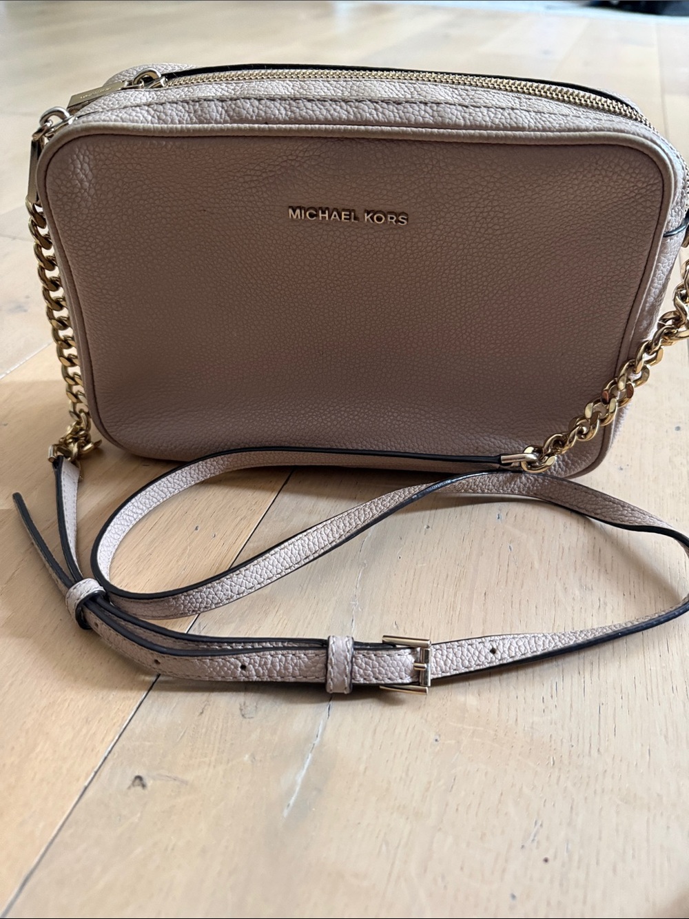 Michael Kors Taupe Pebbled Leather Crossbody with Gold Chain